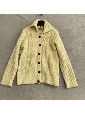Vtg Carrig Donn Women's S  Irish Wool Cardigan Sweater Beige Cable Knit M0981